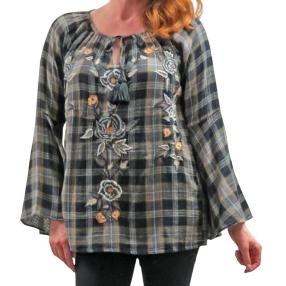 Kyla Seo Harlow Blouse Women L Black Tan Plaid Embroidered Bell Sleeve Boho NEW‎